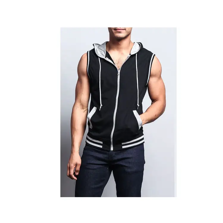 Sleeveless gym wear zip up Hooded sweatshirt 100% Cotton Made Fleece Men's Wear Sleeveless Zipper Workout/ Fitness Hoodies