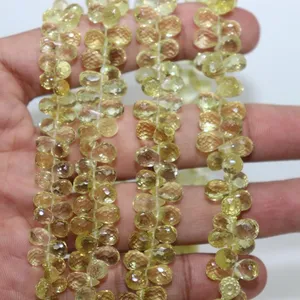 Lemon Quartz Faceted Drops Shape Lemon Quartz Briolette Lemon Quartz Drops 8 Inches Strands For Jewelry Making