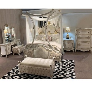 Modern White Polished Bedroom Furniture Italian Style Bedroom Furniture in White Finish Designer Carved <b>Canopy</b> <b>Bed</b> & Furniture at Discount - Product Image 1