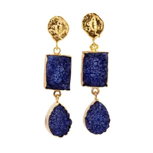 Azul Natural ágata Druzy chapado en oro de piedras preciosas/rectángulo forma de pera hecho a mano pendientes de la joyería