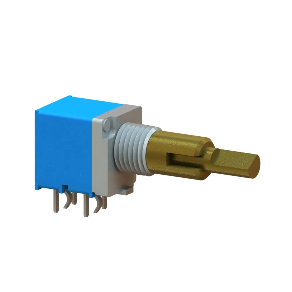 Taiwan Manufacturer of Rotary Potentiometers 9mm Metal Shaft Rotary Potentiometer Horizontal and Dual units with tact switch