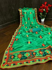 Bollywood diseñador Sari diseñador espejo trabajo flor diseño suave seda tela Impresión Digital Color granate sari con blusa India prenda - Product Image 3