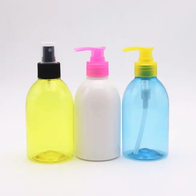 Wholesale 250ml PET transparent Round Plastic oval Bottles with Pump color yellow blue white black customized color
