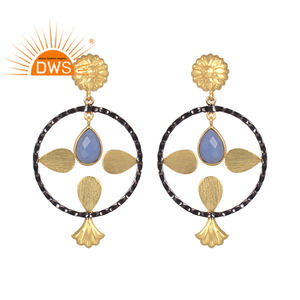 <b>Blue</b> Chalcedony Designer Gold Plated Drop Stud Earring Fashion <b>Jewellery</b> For Women Gift For Her Classic Collection - Product Image 1