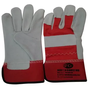 卸売牛スプリットレザーワーキンググローブ/2022グレーレザー安全手袋赤い袖口/カナダのリギング手保護手袋