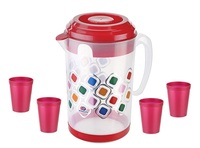 Carafe en plastique de qualité alimentaire sans BPA, compatible micro-ondes, avec couvercle et poignée latérale - 2600 ml (88 oz) 4 gobelets en plastique de 300 ml écologiques