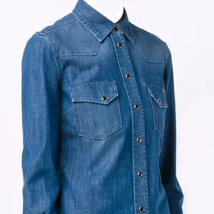 Denim Dài Tay Áo Cotton Màu Rắn Chuyên Nghiệp Mặc Tay Áo Sơ Mi Nữ Làm Việc Áo Cánh Bán Buôn Quần Áo Giản Dị Đồng Bằng C