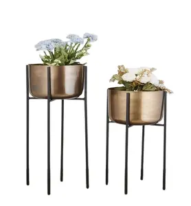 Best Quality made by Indian Supplier Nordic Style Creative Metal Gold Planters With Black Stands S/2 For Home Hotel Indoor Decor