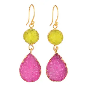 Zeva jewels new designs earring natural yellow with pink sugar druzy drop earring gold electroplating woman dangling jewelry