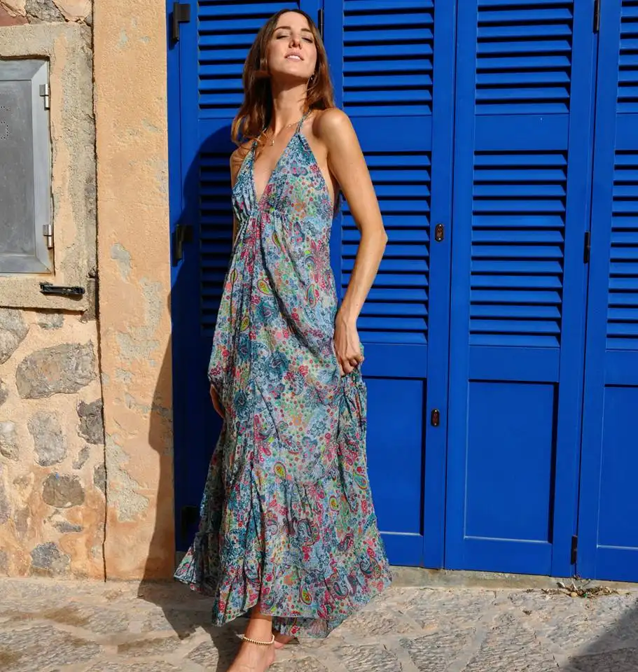 Vestido largo de seda, a la moda, para mujer