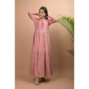 Mauve Pink Long Ethnic Dress Valentine's Day Gift Hand Crafted Traditional kurti Gown dress Office wear Ethnic wear