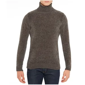 Kualitas Tinggi Buatan Italia Pakaian Turtleneck Sweater Chenille Lengan Panjang Sweater Coklat Pullover untuk Pria
