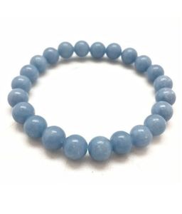 Bracelet de perles de pierre d'angélite bleue véritable de 8MM cristaux d'énergie plaqué or cadeau de mariage symbole religieux chrétien - Product Image 5