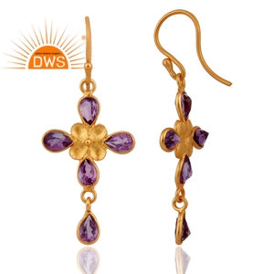 ต่างหูห้อยประดับคริสตัลอเมทิสต์ทรงกากบาทชุบทอง 24k ดีไซน์สวยหรู พร้อมกรอบเงิน จากผู้ผลิตเครื่องประดับ - Product Image 2