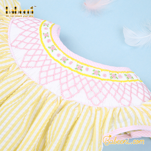 Vestido Smocked personalizable para niños estampado rayas amarillas hecho a mano 3D otoño 100% algodón ecológico BB1665 OEM ODM - Product Image 6