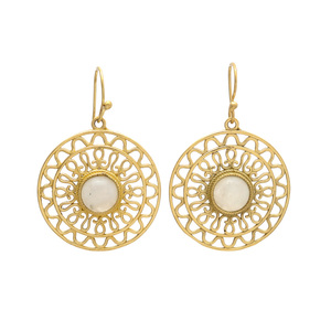 Rainbow Moonstone Round Shape Rainbow Gemstone Brass Earring - Product Image 1
