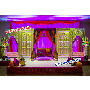 Fondo de Escenario para Bodas Indias de Diseño Tradicional, Panel de Fibra Tallado Dorado para Bodas - Product Image 1