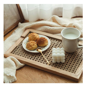 Plateau de service à dessert en rotin, rond/carré/rectangulaire, artisanat tibétain, avec poignées, vente en gros, - Product Image 5