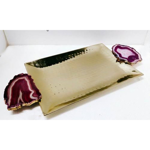 Plateau de service en marbre d'agate rectangulaire écologique fait à la main avec poignées dorées pour servir le jus de thé - Product Image 5