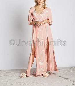 Longue robe Kaftan avec col en v, vêtement pour femmes, coupe brodée, fente haute, mode 2020 - Product Image 3