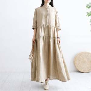 Robe longue en lin pour filles, kaki clair, boutonnée, col rond, été, respirante, en tissu crêpe, demi-manches - Product Image 2