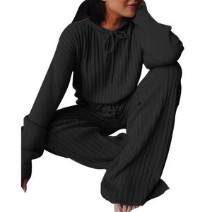 Chándal Sexy de invierno de dos piezas de algodón/poliéster de Color sólido para mujer, de manga larga Top, pantalones sueltos, Salón ligero a prueba de viento - Product Image 2