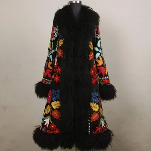 Jaket Bulu Wanita Gaya Vintage Bordir Tangan Mantel Trim Cukuran Terbaru Buatan Kustom