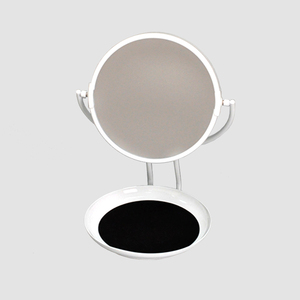 Miroir rond double face avec plateau de rangement en bois Design contemporain Finition chrome et bois Sur pied - Product Image 4