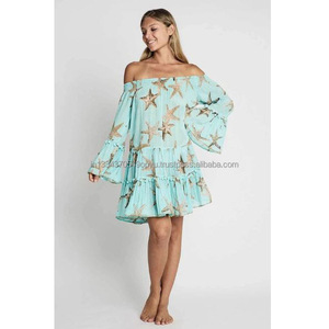 Robe courte et Sexy pour femme, tenue de caractère, Ultra féminine, épaules nues, Sexy, étoile, poisson, tissu imprimé Aqua, style Boho, Chic - Product Image 1