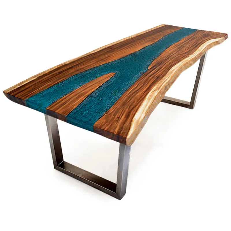 Table à manger en bois Suar avec plateau en résine, meuble de rivière