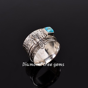 Bague Spinner Honeybee en argent 925 Bague de réglage de lunette Turquoise en cuivre faite à la main avec pierre naturelle pour mariage - Product Image 2