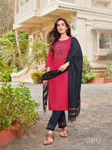 Conjunto de 3 piezas de ropa de algodón para mujer, traje étnico con pantalón y encerado Dupatta, lininig diwali, combinación de colores impresionante - Product Image 3