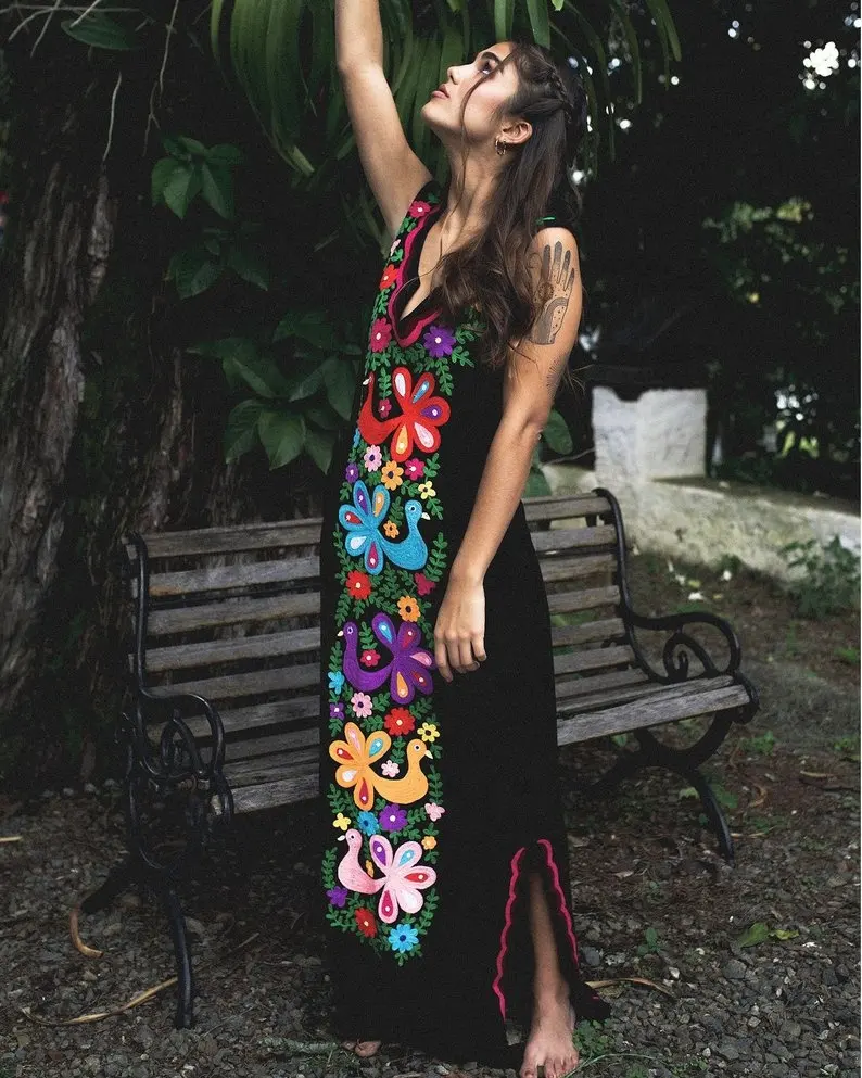 2019 Gaun Maxi Tanpa Lengan Bordir Bunga Unik Boho Hippie Gaun Pantai Kaftan Musim Panas Katun Meksiko Antik