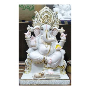 Estatua de Ganesha Ji, hecha a mano, mármol blanco pulido, pintado dorado - Product Image 1