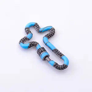 Black Spinal Blue Enamel Fine Silver Jewelry Making 925 Sterling Silver Carabiner Screw Lock Chunky Multilink Chain Necklace