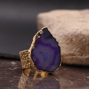 Nouveau design bijoux femme anneau réglable tranche d'agate naturelle druzy fait à la main pierre unique anneaux de pierres précieuses pour femmes anneau bijoux - Product Image 1