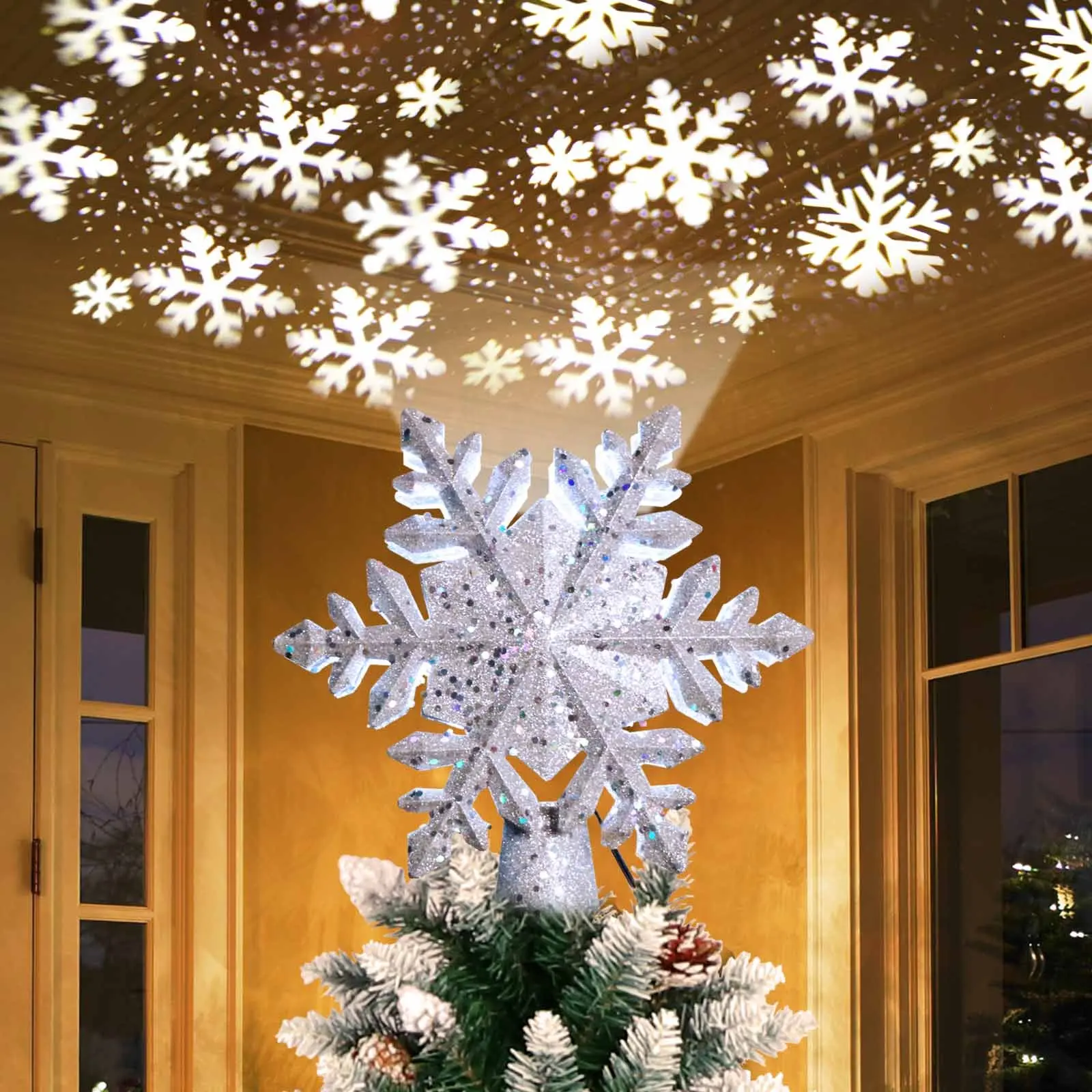 Ourwarm Eu Ons Uk Plug Sneeuwvlok Vormige Kerstboom Decor Led Lamp Top Licht Projectie Kerstboom Ster Topper