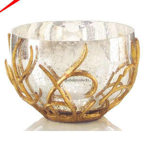 Bol de service rond en verre au design unique et attrayant avec base dorée décorative, bol de service pour la décoration de la maison - Product Image 2