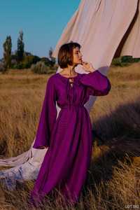 Jolie robe en crêpe à manches longues, col en v sans poches, de style Boho, Kaftan, tunique en lin de grande taille, de couleur violette, nouveauté - Product Image 4