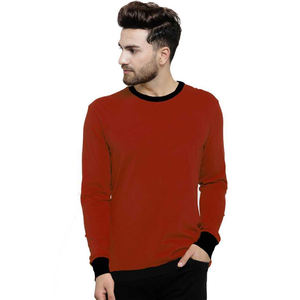 T-shirt décontracté à col en O pour hommes, marron avec design en blocs, grande taille, confortable et respirant, manches longues, technique lavée. - Product Image 1