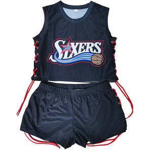Ensemble de vêtements pour femmes en jersey et short en maille de basket-ball à lacets en polyester personnalisé à la mode, deux pièces, haut court - Product Image 3