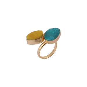 梨形玛瑙德鲁兹宝石戒指黄铜夹头设置带设计镀金可调礼物她的戒指。模式Joyas R-007