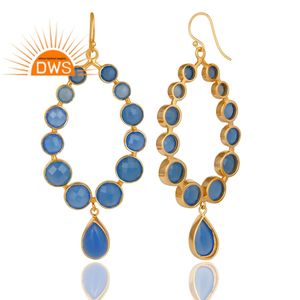 Pendientes de Calcedonia Azul Multicolor, Pendientes Colgantes de Plata Chapada en Oro de Diseño, Proveedor de Joyería - Product Image 2
