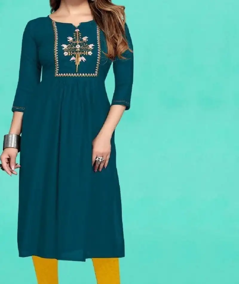 Potongan Samping Mini Katun Bordir Rayon Panjang Kurti untuk Wanita dan Anak Perempuan India Pakistan Tipe Midi untuk Pakaian Kasual