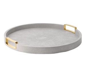 <b>Grey</b> Round Serving Tray with Metal Gold Handles – Decorative Ottoman & <b>Coffee</b> <b>Table</b> Tray. - Product Image 1