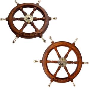 24 \ "ล้อหมุนเรือไม้ทะเลหนักพร้อมมือจับทองเหลืองสีน้ำตาลแขวนผนังของกัปตันเทคนิคการขัดเงา - Product Image 3