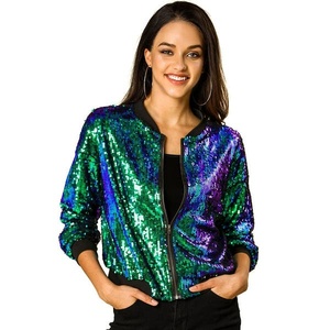 Women's <b>Glitter</b> Regular Sleeve Zipper Bomber <b>Jacket</b> Spring Canvas Stand Collar Breathable Thick - Product Image 3