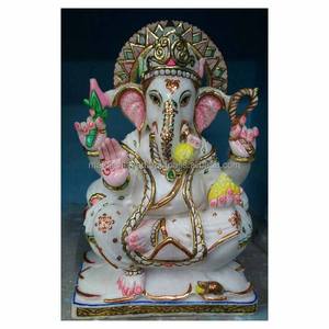 <b>Painted</b> Ganesha White Marble Statues - Product Image 1
