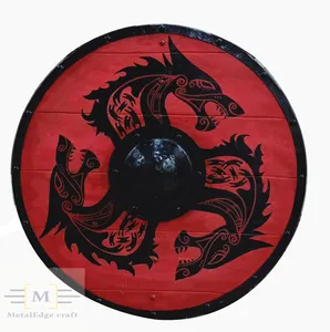 중세 전사 우드 & 스틸 바이킹 라운드 쉴드 갑옷 Templar Wood shield dragon painted in red color