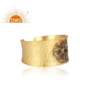 Indian Gold Plated Sterling <b>Silver</b> <b>Cuff</b> Bangle Jewelry Supplier Zirconia Smoky Quartz Statement <b>Cuff</b> Bangle for Women's Jewelry - Product Image 2